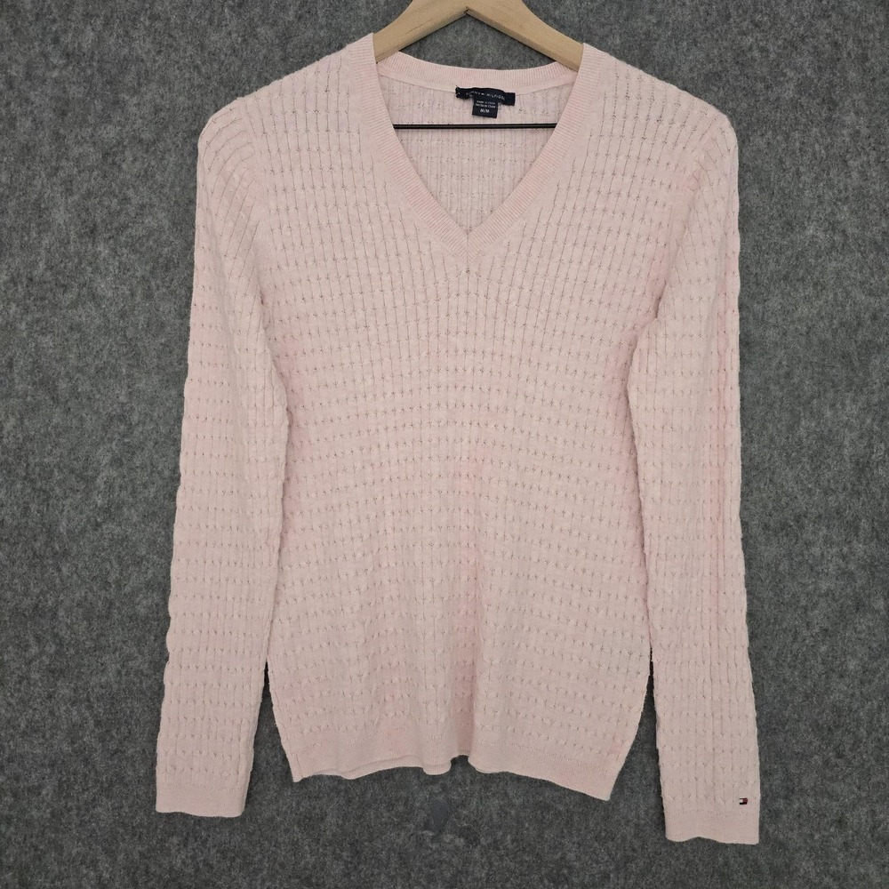Tommy Hilfiger Sweater Womens M Pink Cable Knit V Neck Logo Pullover Lightweight